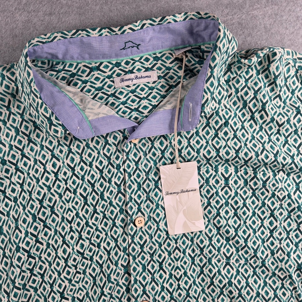 Tommy Bahama Button-Up Men XXL Teal White Geometric Diamond 100% Silk NWT